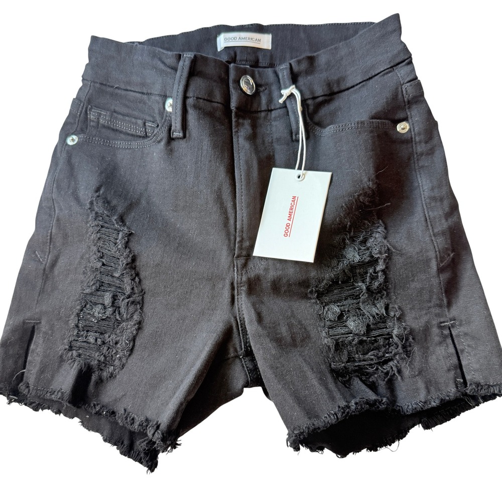 Good American Shorts Womens 00 24 Black Distressed Denim Cutoff